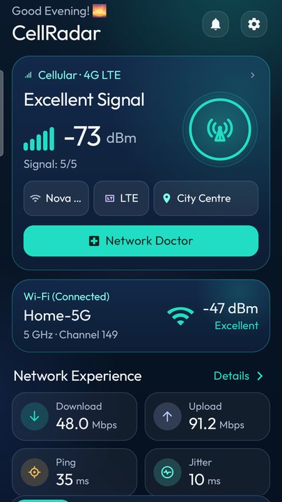 Live mobile and Wi-Fi signal on the home screen
