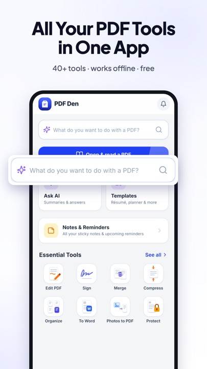 Home screen with every tool